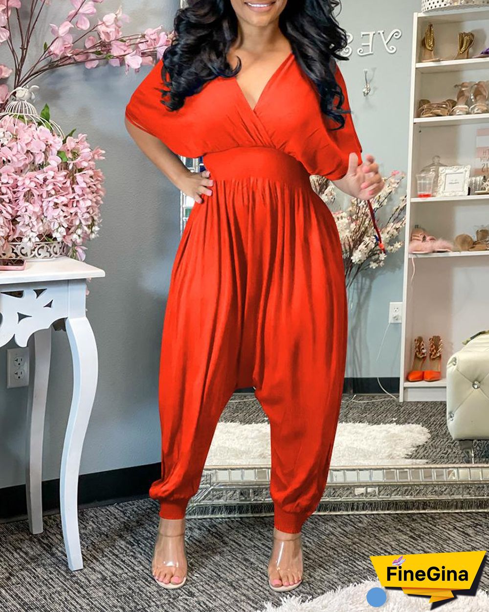 Shirred Short Sleeve Ruched Harem Jumpsuit
