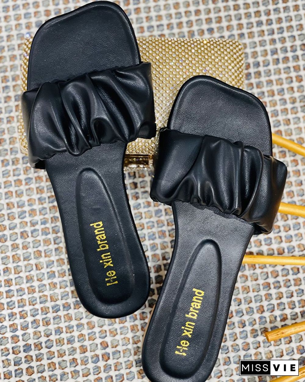 Square Toe Ruched Flat Sandals