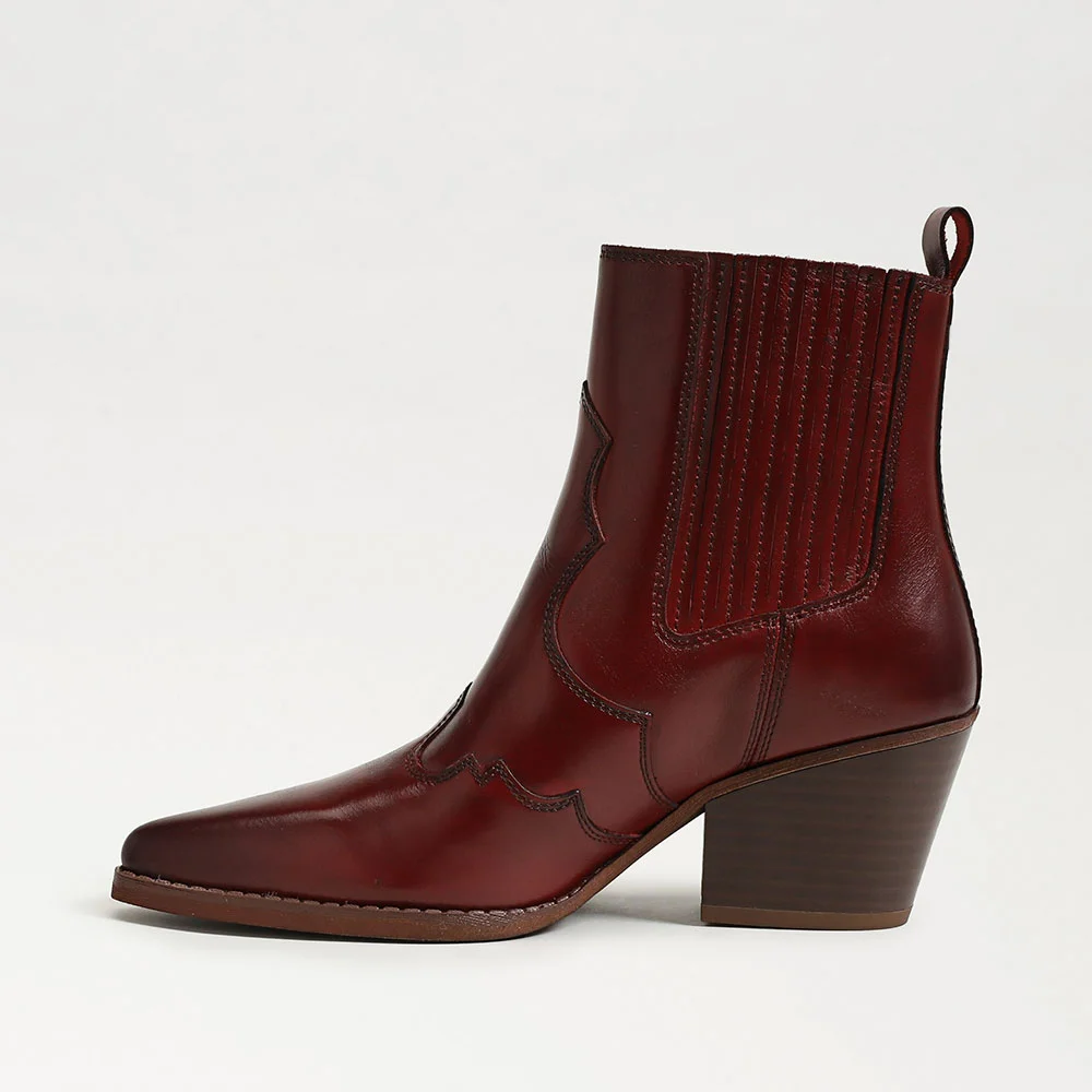 Maroon Pointed Toe Pull On Short Cowboy Boots for Women with Stitching