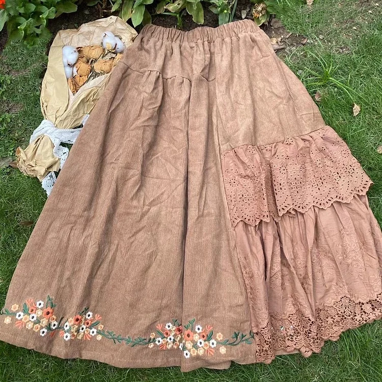 Queenfunky cottagecore style Forestcore Embroidered Corduroy Lace Skirt QueenFunky