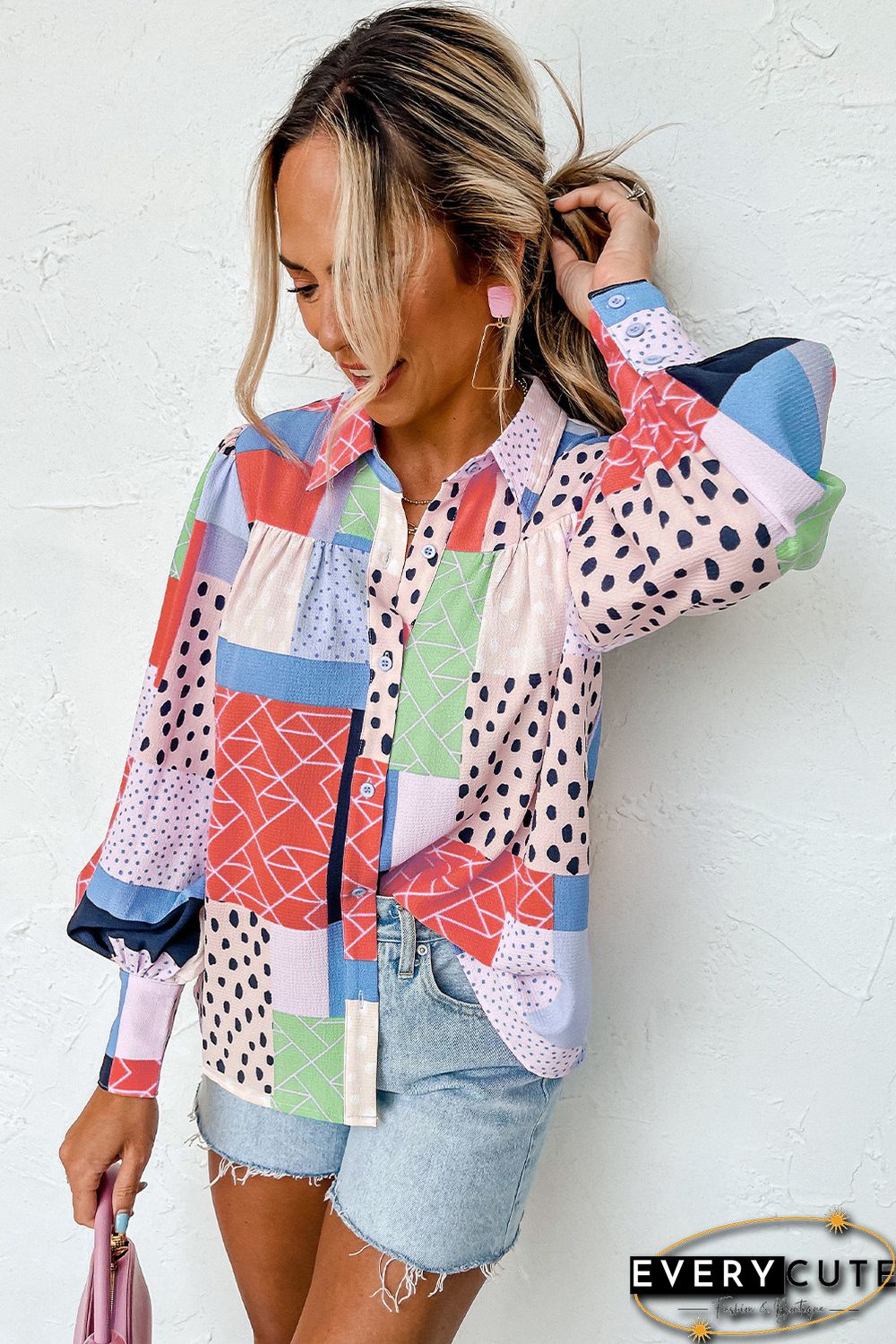 Orange Multicolor Mixed Print Button Front Cuffed Sleeve Shirt