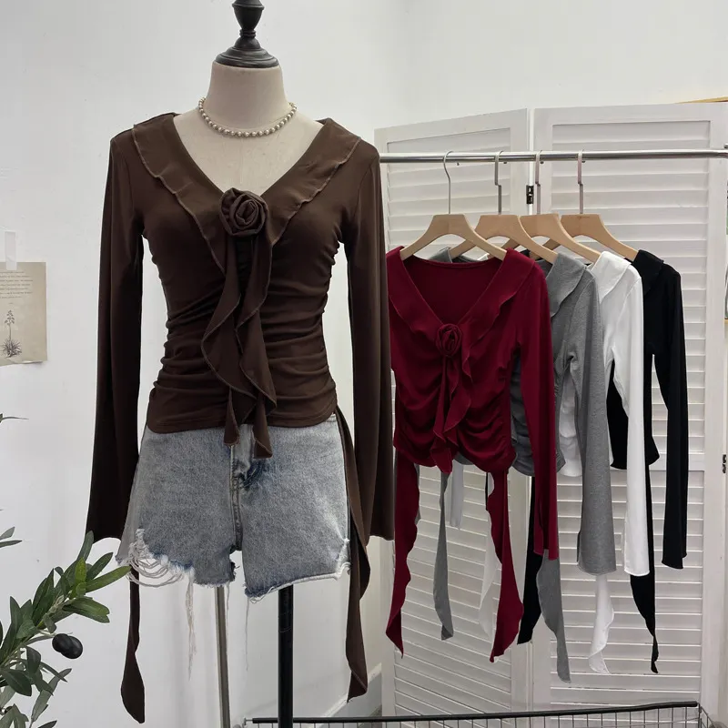 Uveng Han's New V-Neck Flower Irregular Lotus Leaf Edge Ribbon Slim Thin T-Shirt Short Top 1227