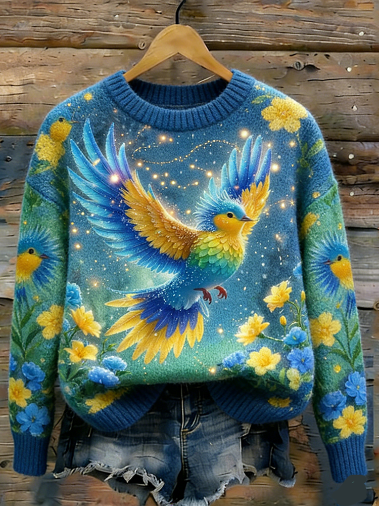 Retro Flower And Bird Pattern Printed Round Neck Sweater wearshes