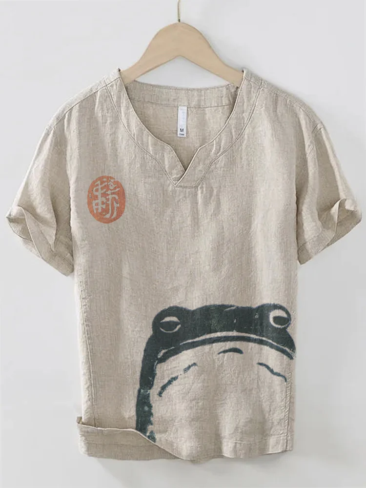 Japanese Art Frog Print Cozy Cotton Linen V-neck Shirt