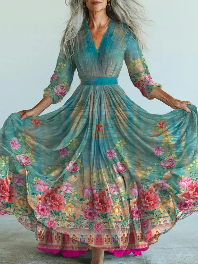 Retro Boho Floral Art Printed Vintage V-Neck Long Sleeves Midi Dress