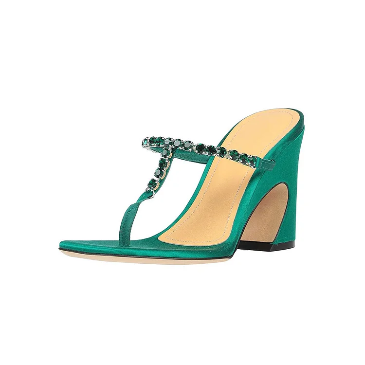 Green Satin Square Toe Rhinestone Embellished T-Strap Heeled Sandals |FSJ Shoes