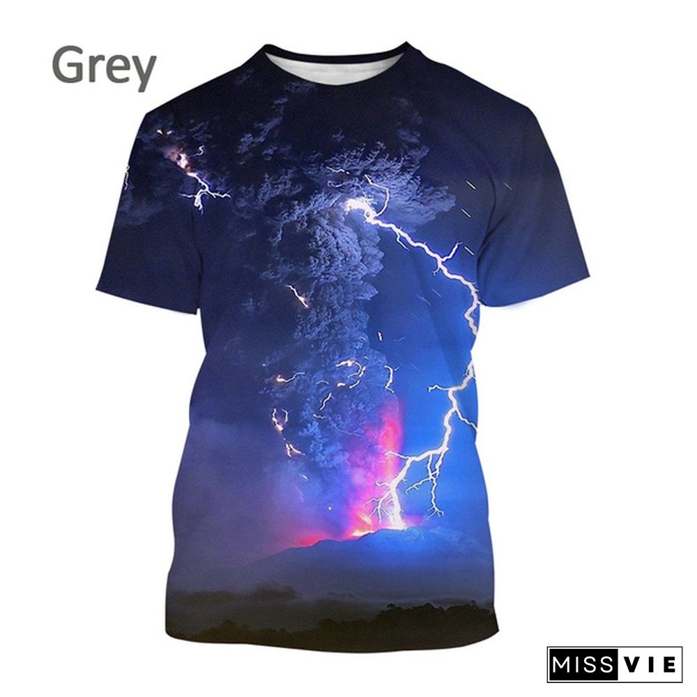 New Creative Design Lightning 3D Printing T-shirt Fashion Unisex Personality Natural Phenomenon Pattern Casual Round Neck Short-sleeved T-shirt Top