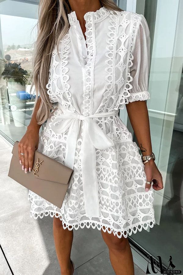 MidiSono - Crush on You Crochet Lace Bow Belt Mini Dress