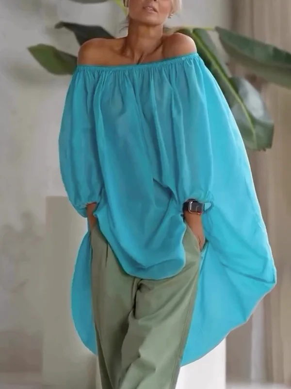 Elasticity Pleated See-Through Solid Color High-Low Loose Off-The-Shoulder Blouses&Shirts Tops