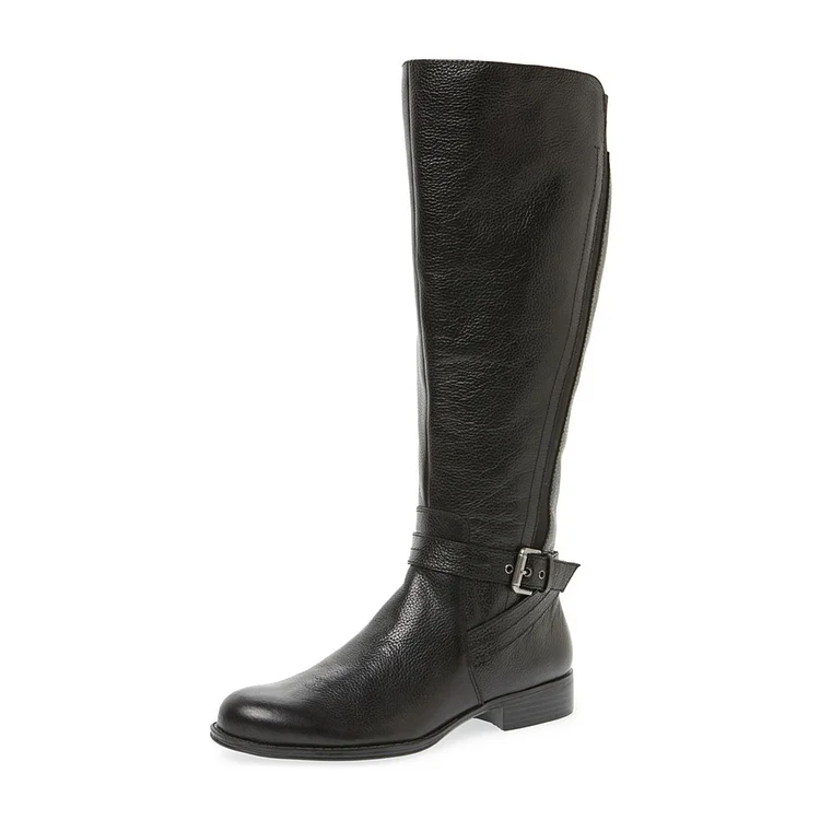 Black Low Heel Riding Boots Textured Vegan Leather Knee Boots |FSJ Shoes