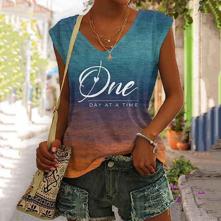 VChics Women's Retro One Day At A Time Print Tank Top
