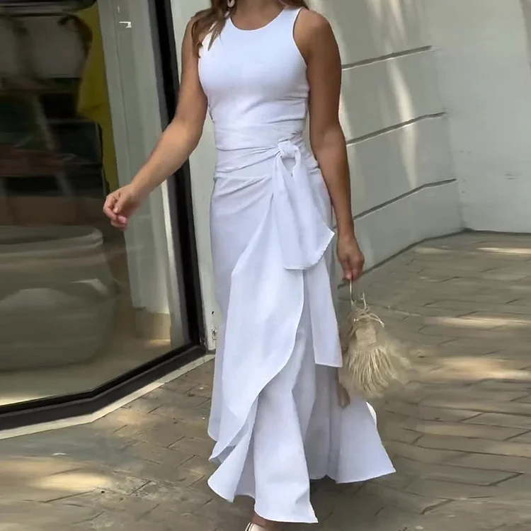 Women's Elegant Solid Color Round Neck Sleeveless Irregular Ruffle Dress