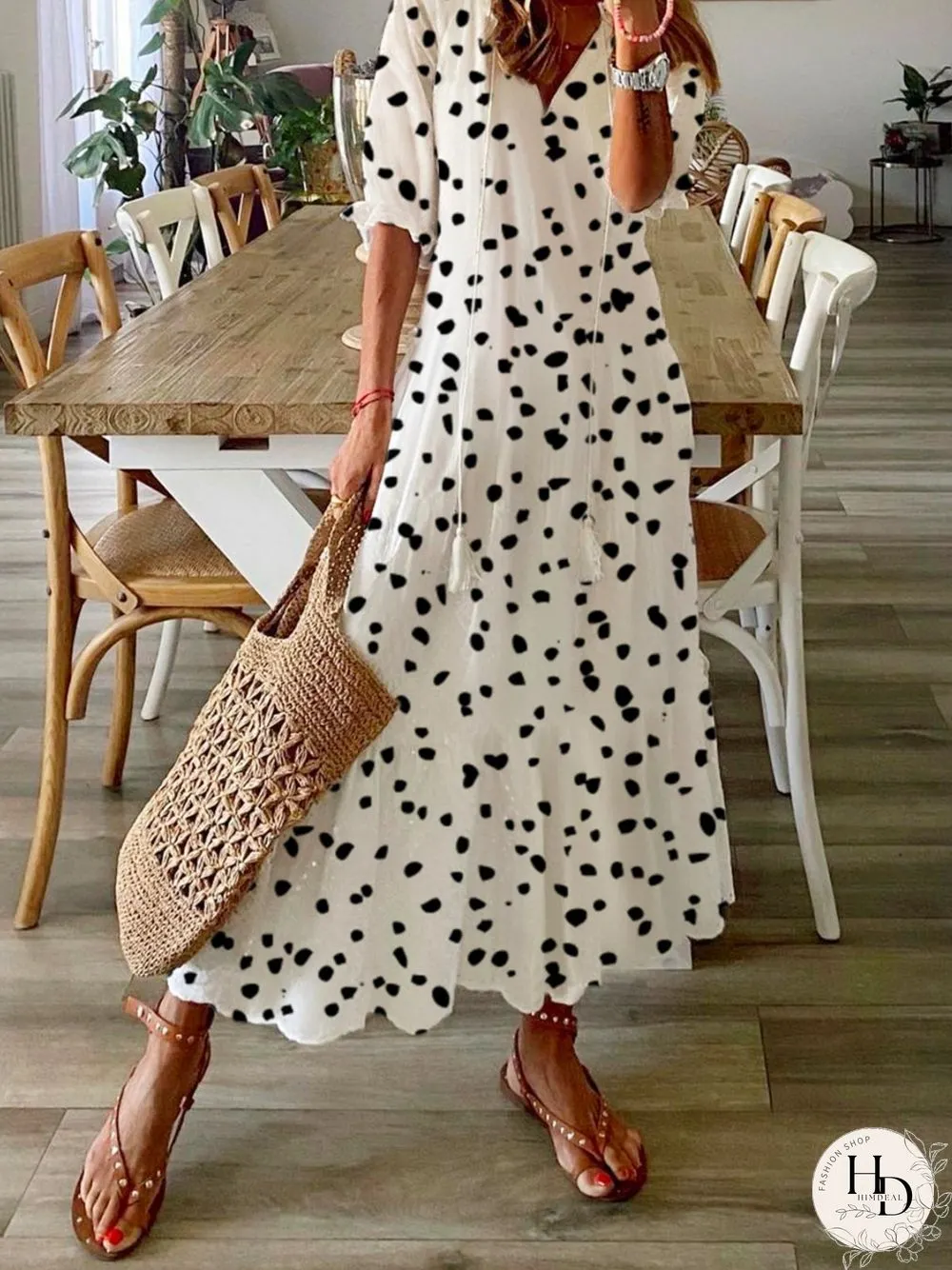Casual Polka Dots Half Sleeve V Neck Printed Dress