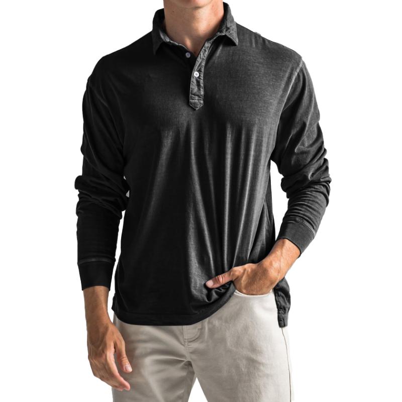 Men's Casual Cotton Blended Lapel Loose Long Sleeve Polo Shirt