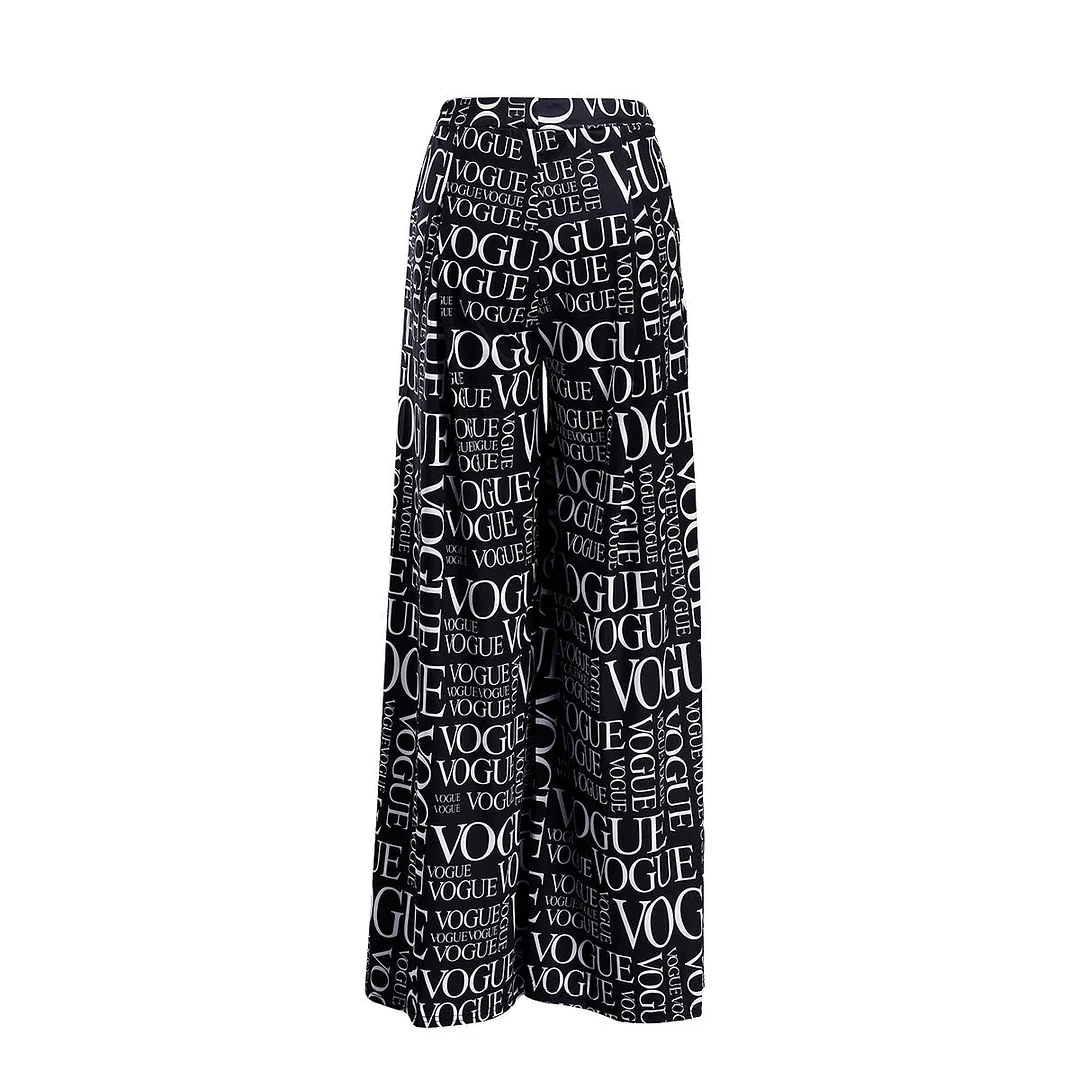 College Print Split Joint Loose High Waist Wide Leg Full Print Bottoms