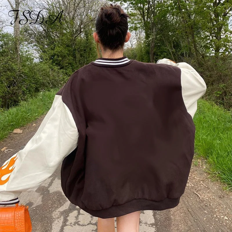 FSDA 2021 Brown Autumn Winter Oversized Bomber Jacket Baseball Women Blue Loose Embroidery Fashion Varsity Coat Vintage