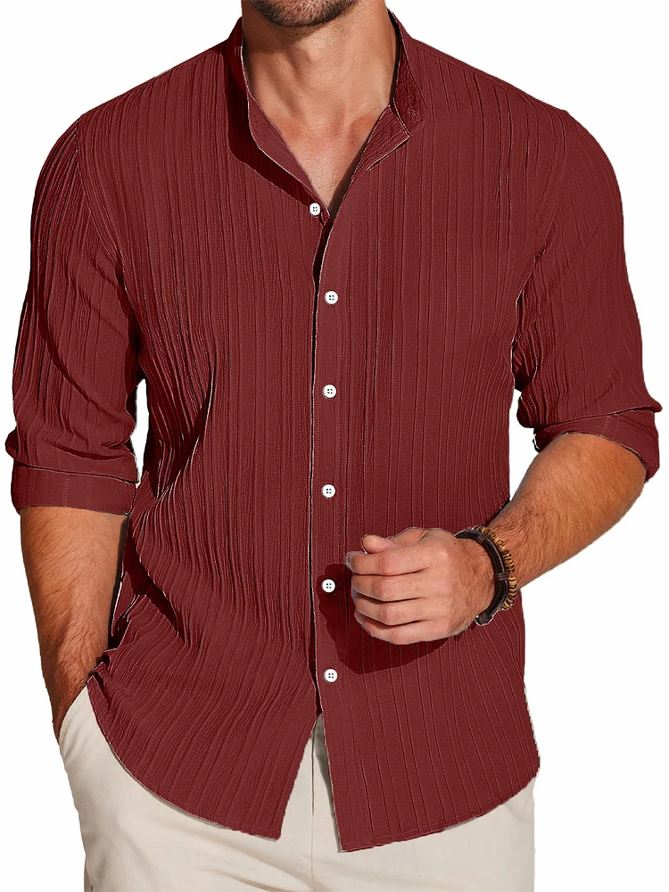 Men's Casual Shirt Linen Beach Long Sleeve Button Down Textured Shirts