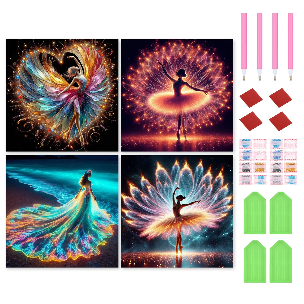 4pcs/Set Diamond Painting - Full Round Drill - Dancing Girl(Canvas|30*30cm)