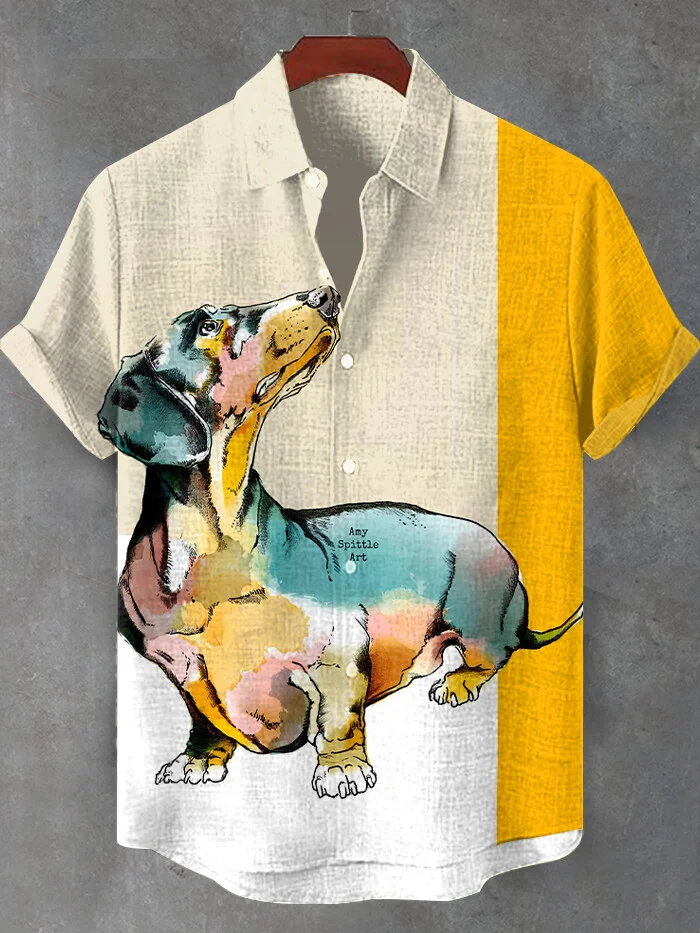 Men's Watercolor Dog Color Block Art Print Short Sleeve Shirt