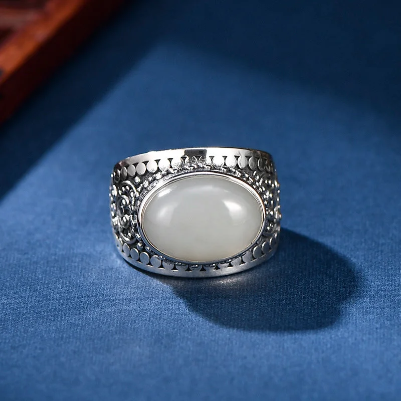 S925 Silver Malachite White Jade Vintage Adjustable Ring