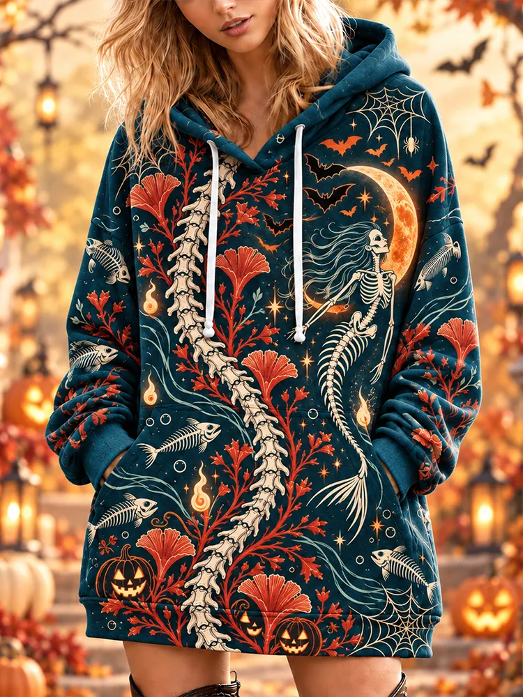 Comstylish Women's Teal Halloween Skeleton Mermaid, Moon, Bats And Pumpkin Print Oversized Hoodie
