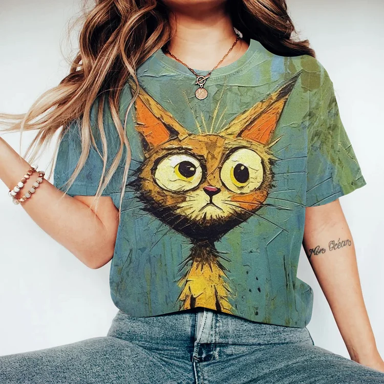 Abstract Creative Poor Cat Painting Art T-Shirt