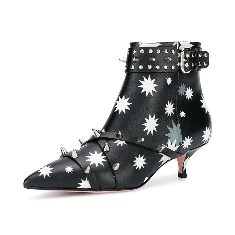 Black and White Rivets Kitten Heel Boots |FSJ Shoes