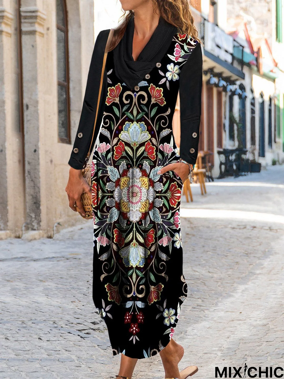 Buttoned V Neck Ethnic Floral Long Sleeve Casual Dress