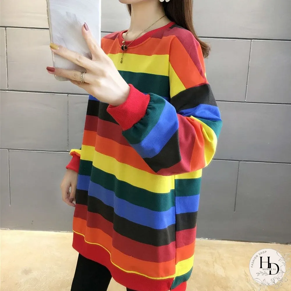 Fashion Rainbow Color Sweatshirt Hoodies Women Loose Long Sleeve Pullover Female Spring Autumn Oversized Harajuku Striped