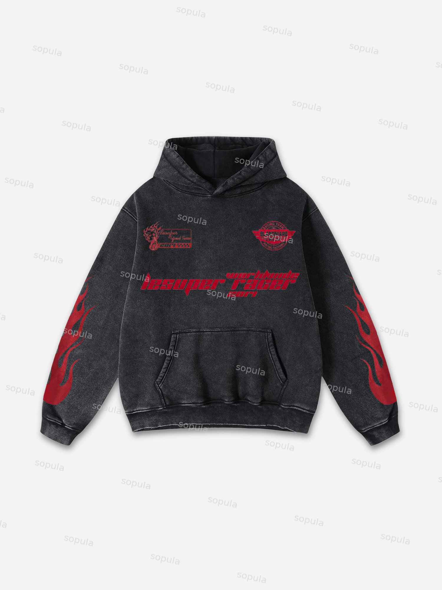 Sopula Vintage Lesuper Racer On The Way Graphic Acid Washed Oversized Hoodie