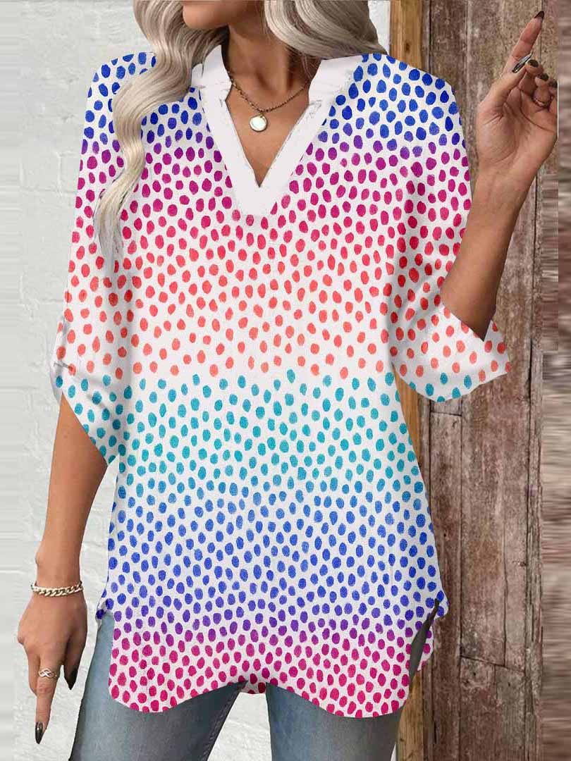 Women Polka-Dot,Red,Purple DZGA0316 3/4 Sleeve V-neck Printed Graphic Button Tops