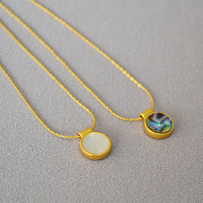 Dazzling abalone mother of pearl round tag necklace