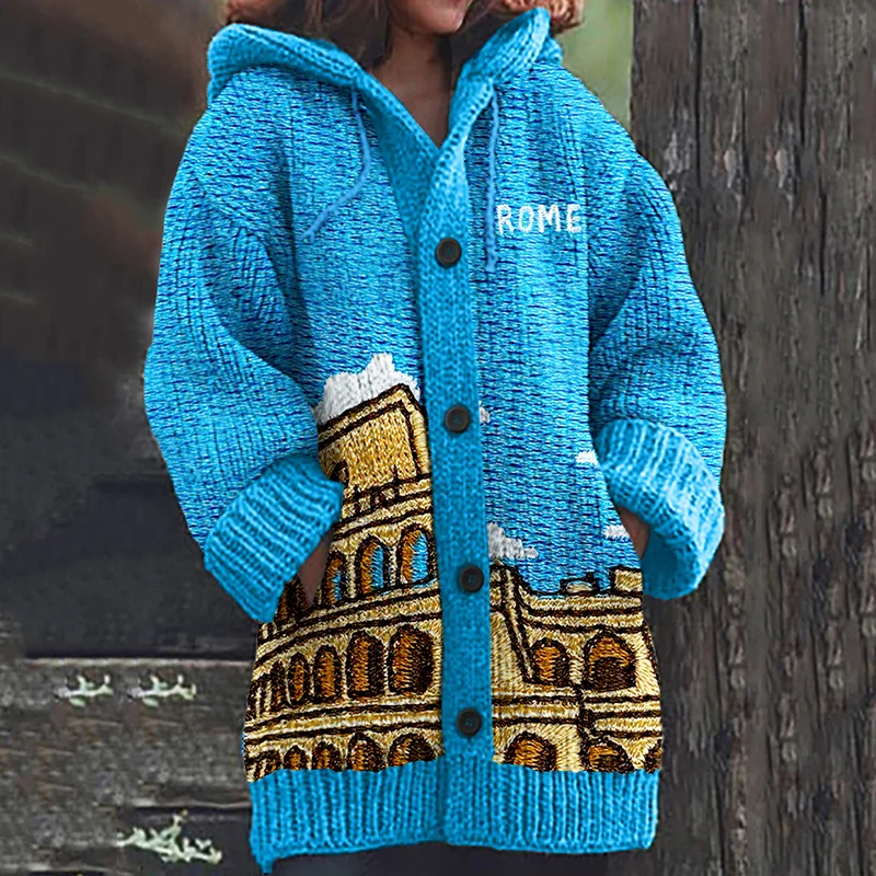 Cardigan lavorato a maglia con ricamo del paesaggio romano italiano