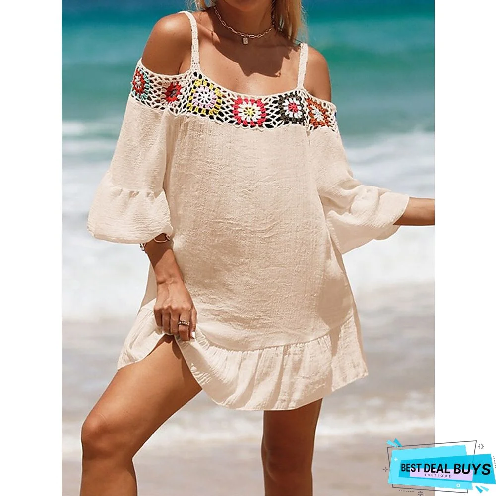 Women's Cover Up Beach Dress Beach Wear Mini Dress Ruffle Backless Ethnic Casual Floral Spaghetti Strap 3/4 Length Sleeve Loose Fit Outdoor Daily Black White 2023 Spring Summer One Size