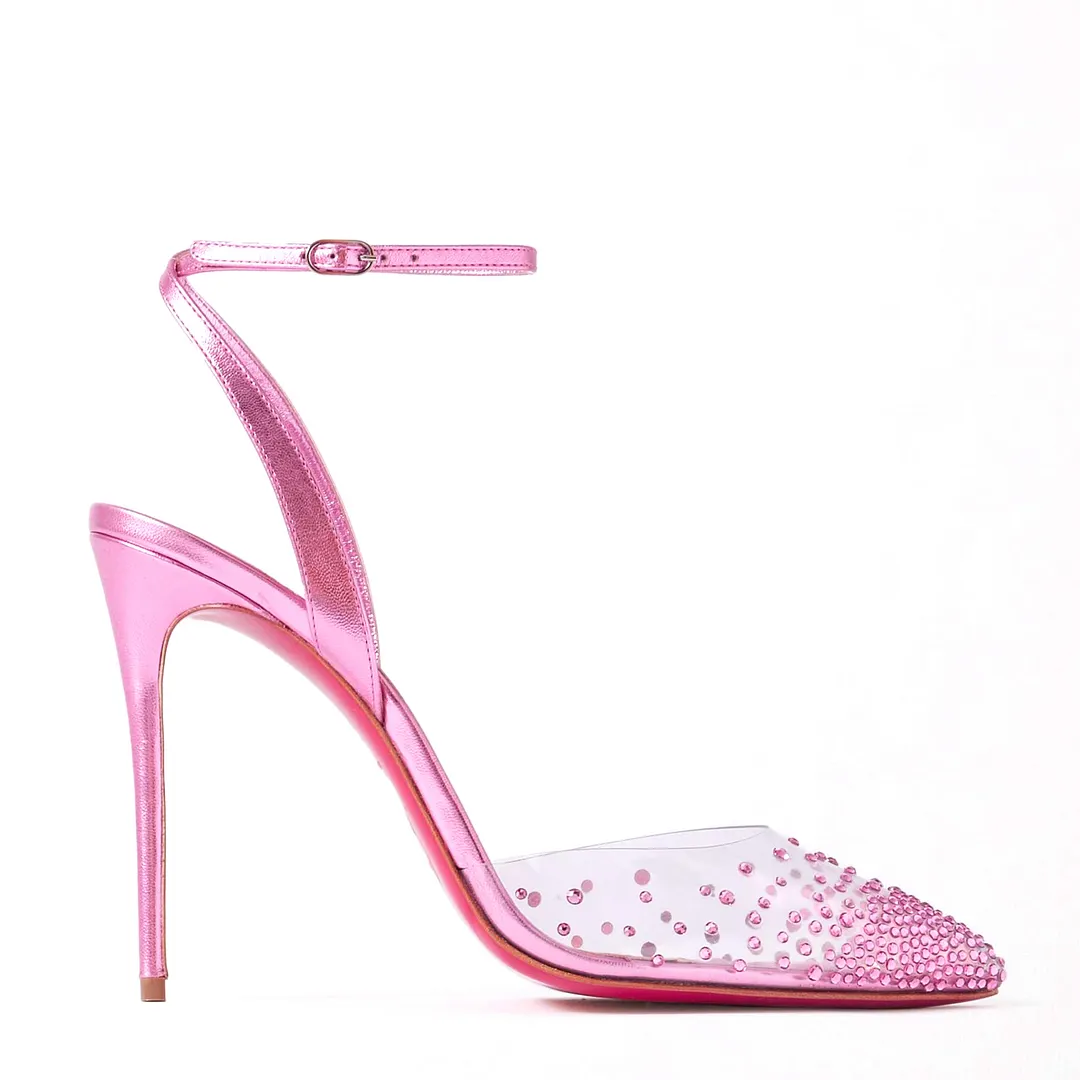 100mm Crystal Embellished PVC Metallic Pointy Toe Red Bottom Pumps Sandals-vocosishoes