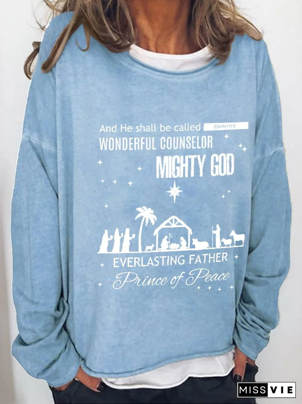 Women's Christmas Faith Isaiah 9:6 He'll Be Called Wonderful Counselor Christian Printed Long Sleeve Top