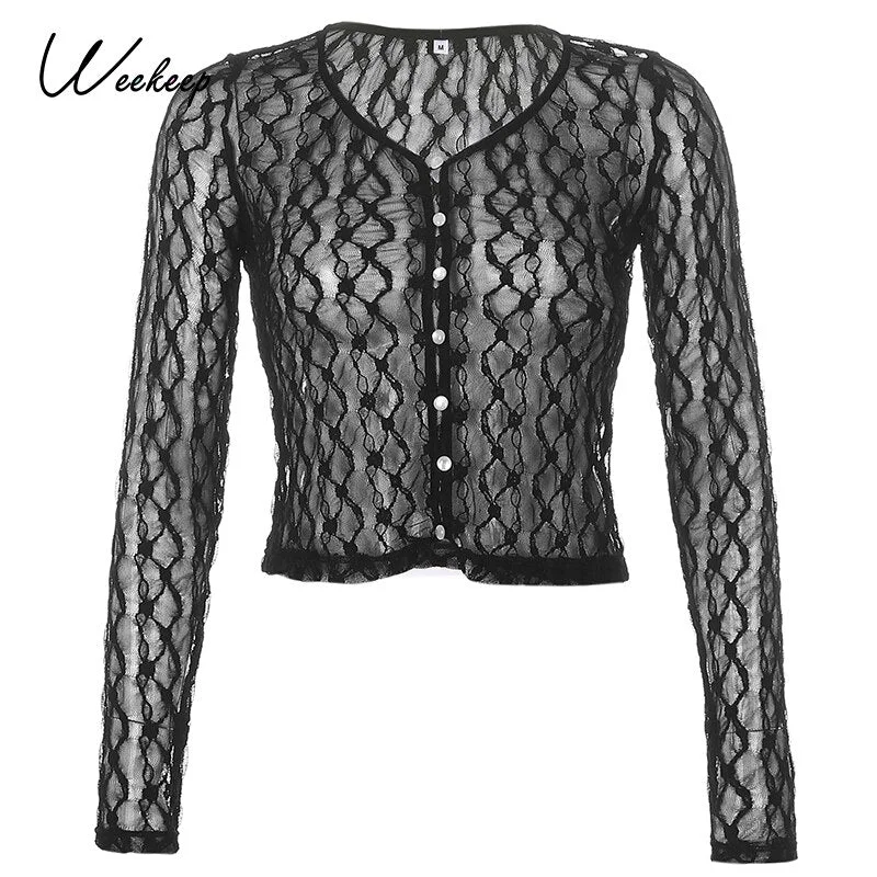 Weekeep Sexy Mesh Transparent Tshirt Women Ruffle Rave Party Lace Up Cardigan Top Streetwear Summer New Aesthetic Tee Shirt 2021