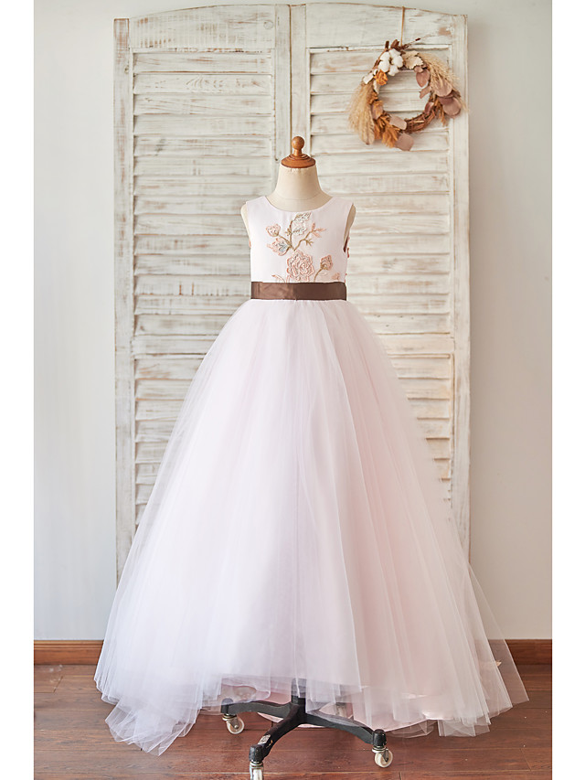 Bellasprom Sleeveless Jewel  Ball Gown Floor Length Flower Girl Dresses Tulle With Belt Bellasprom