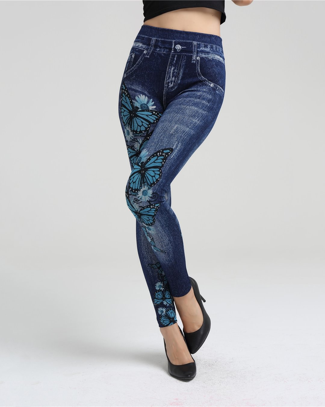 Denim-Effect Butterfly-Print Super-Stretch Hip-Lifting Leggings