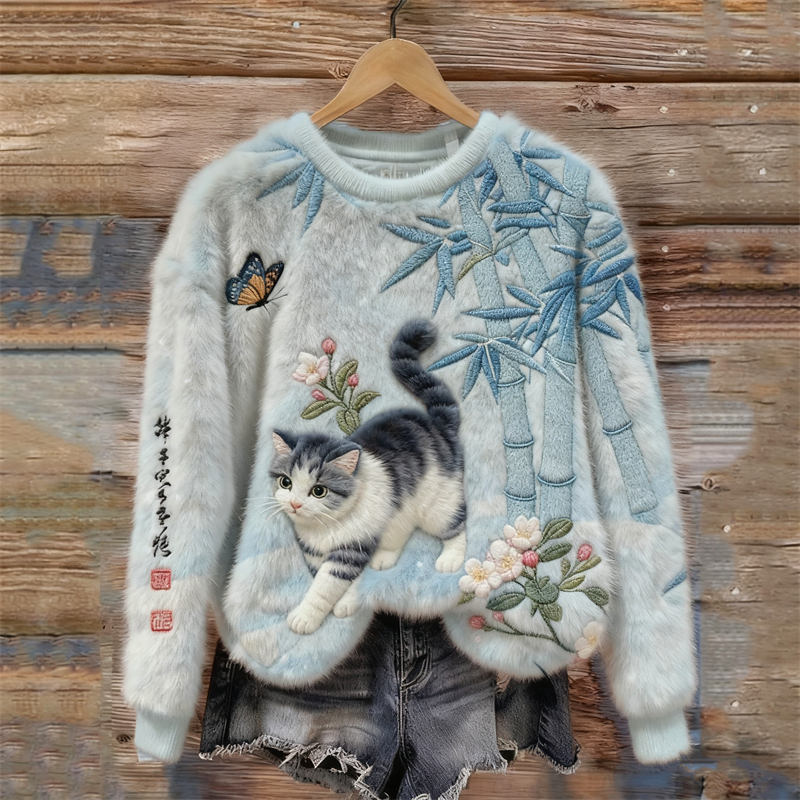 Japanese Art Cat & Bamboo Embroidered Cozy Plush Sweatshirt elevenforest