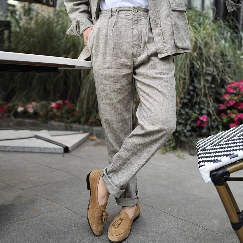 Men's Natural Cotton Linen Thin Light Grey Casual Pants