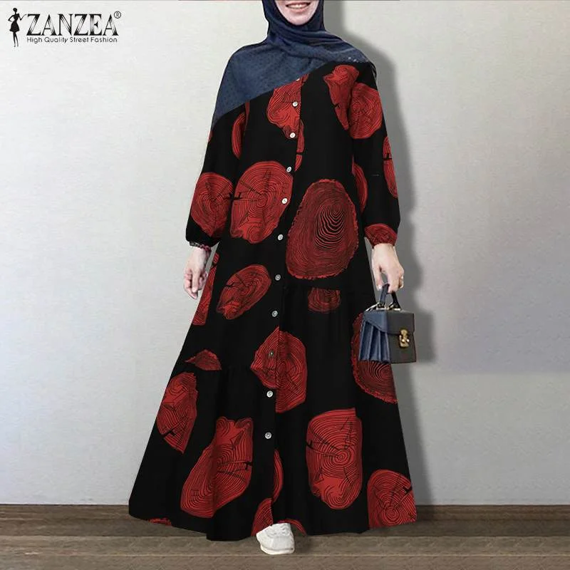 ZANZEA Vintage Floral Printed Sundress Autumn Long Sleeve Loose Maxi Long Vestido Women Retro Dubai Abaya Turkey Hijab Dress