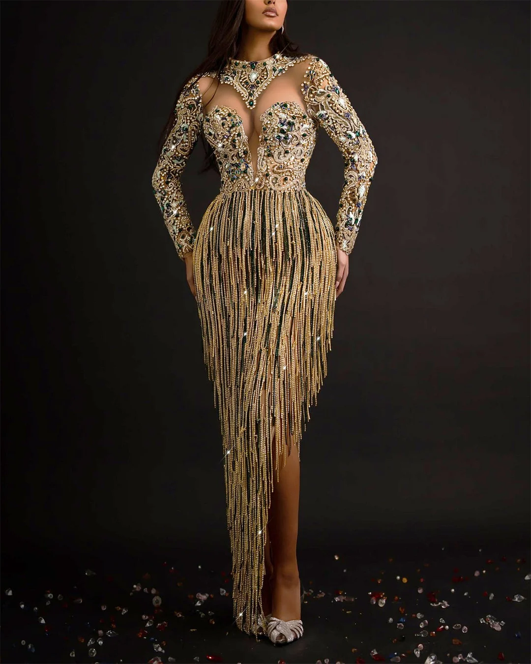 Women's Long Sleeve Hollow Sequin Tassel Dress