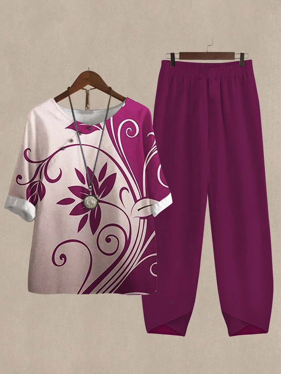 Women's Floral Print Half Sleeve Top And Casual Pants Linen Two Pieces