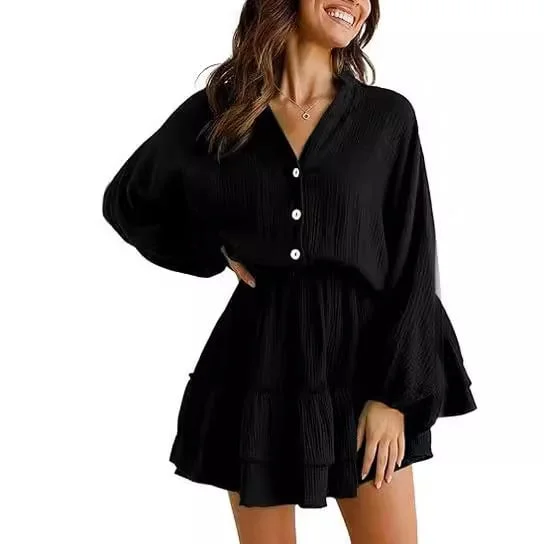 Chic Tiered Ruffle Mini Dress with V-Neck & Balloon Sleeves  🍂👗 