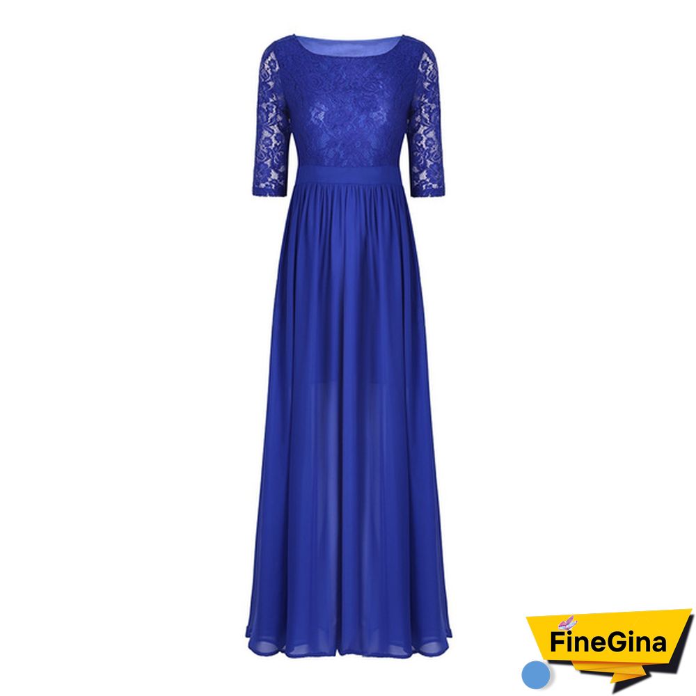 Womens Half Sleeved Embroidered Lace Top Front Slit Chiffon Wedding Bridesmaid Gown Prom
