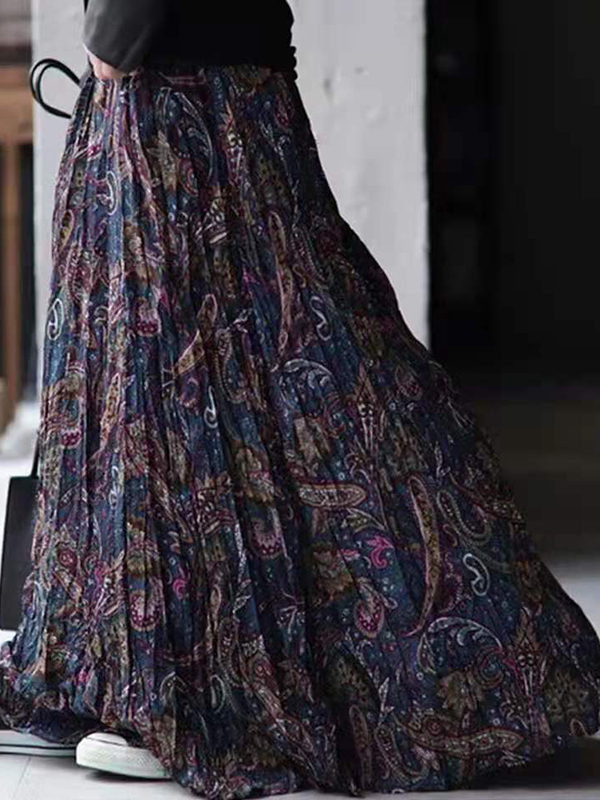 Vintage Print Pleated Skirt