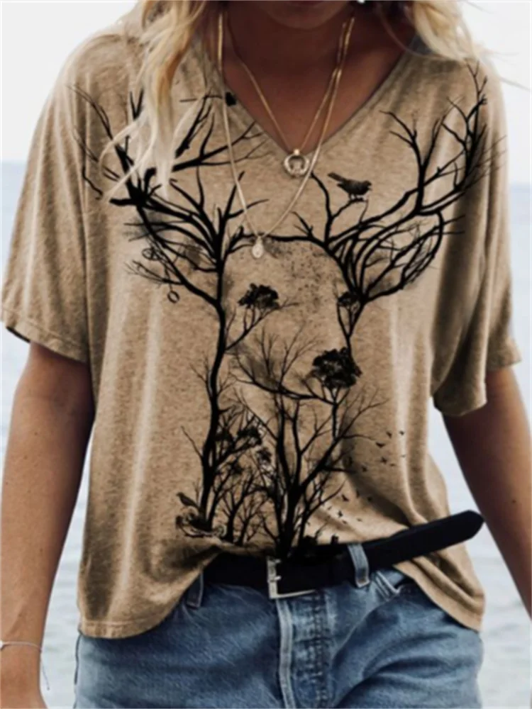 Tree Deer Print V Neck Short Sleeve T Shirt