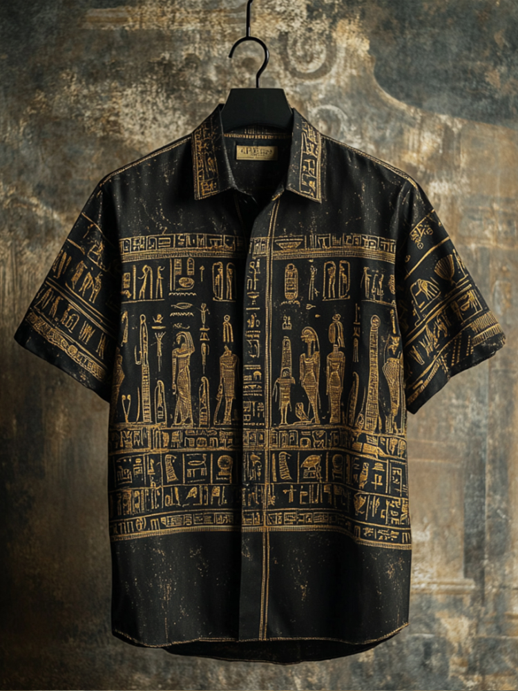 Ancient Egyptian Mural Elements, Mysterious Worship Patterns, Lapel Short-sleeved Shirt