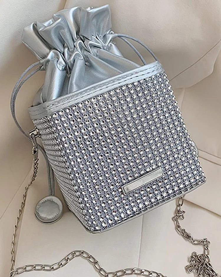 Ombre Allover Rhinestone Drawstring Bucket Bag